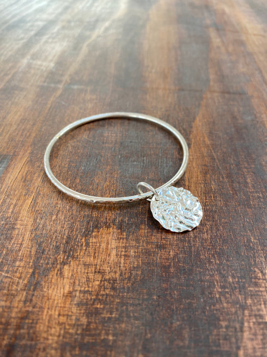 Sterling Silver Bangle with Hammered Disc