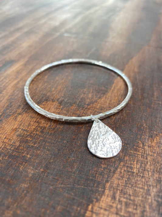 Sterling Silver Bangle with Hammered Teardrop