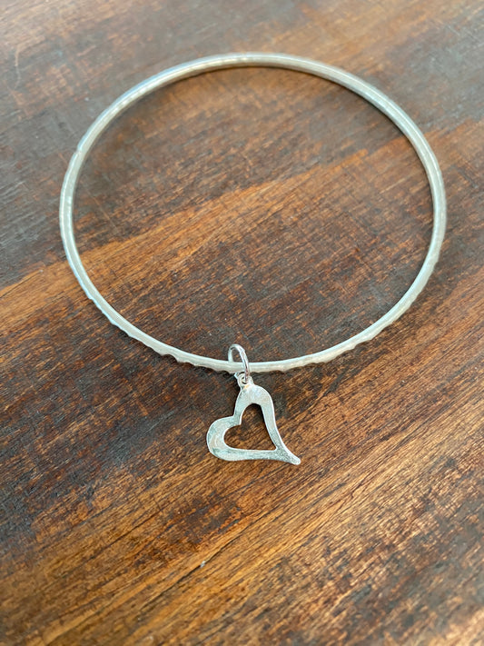 Silver Hammered Bangle with Heart